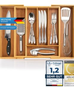 Dimono® Bambus-Schubladeneinsatz | Flexibler Besteckeinsatz 7-9 Fächer Organizer | Ausziehbar bis 45,5 cm für Küche & Ba
