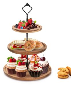 3-Tier Akazienholz Kuchenständer - Verstellbar 3/2/1 Tier für Hochzeit Geburtstag & Afternoon Tea Party