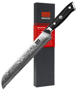 SHAN ZU 20 cm Damast Brotmesser PRO Series, Kohlenstoffreicher Superstahl, Wellenschliff, 67 Lagen Japanischer Damaststa