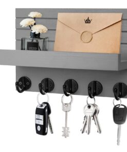 Schlüsselbrett Holz mit 5 Haken und Ablage, Dekoratives Wandregal für Eingang & Flur (Grau)