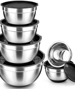 Rührschüssel TEAMFAR Edelstahl 6er-Set für Küche mit Luftdichten Deckel und Silikonböden, Stapelbar & Spülmaschinenfest,