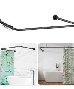 Duschvorhangstange U Form/L Form Schwarz, Verstellbar & mit 12 Vorhangringen für Badewanne/Badezimmer, Bohr-Montage Erfo