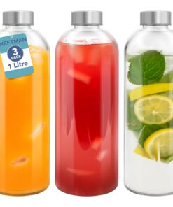 HEFTMAN Glaswasserflasche 1 Liter 3er-Pack - Luftdicht & Auslaufsicher mit Edelstahldeckeln und Reinigungsbürste