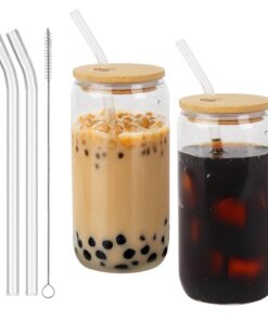 HAOYULO Glas mit Deckel und Strohhalm, Eiskaffee, Limonade, Smoothies, Bier und Cocktails geeignet, für Party- und Pickn