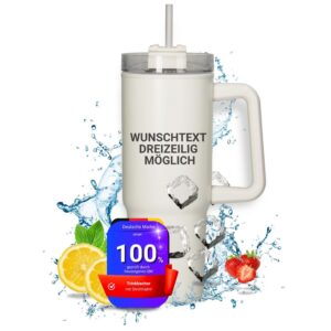 Persönlichierter Tampa Vakuumbecher 800 ml - Edelstahl Thermobecher - Weiß/Cremefarbe, Trinkflasche inkl. Strohhalm und
