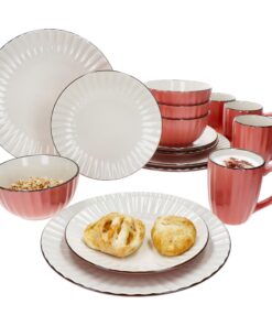 MÄSER OSITA Rose-Weiß Geschirrset 4 Personen I rosa & cremefarbenes Steingut I 300ml Kaffeebecher, 450ml Schalen, Kuchen