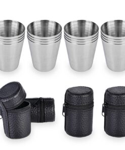 Edelstahl Becher Set, 16 Stück Klein 30ml mit 4 Lederetui für Outdoor-Verbraucher