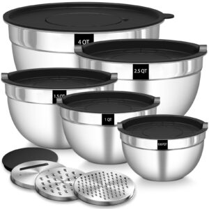 Terlulu Edelstahl Rührschüssel 5er Set für Spezialzubereitungen, Luftdichter Deckel & Reibenaufsätze, 4,5L + 2,7L + 1,6L