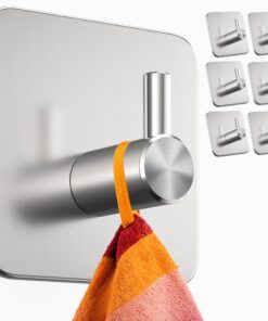 Menz Extra starke Handtuchhalter ohne Bohren, Badezimmer Handtuchhaken, Fb. Silber – Edelstahl, wasserfeste Klebepads, 6