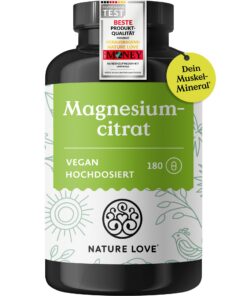 NATURE LOVE® Magnesiumcitrat - Hochdosiert vegan für Erwachsene im Training - Laborgeprüft - 180 Kapseln - 2,320 mg Magn