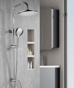 Regendusche ohne Armatur Chrome | Duschgarnitur 23cm Rund und 3 Strahlarten | Höhenverstellbare Duschstange 79-128cm