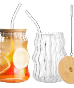 Forbabe 2 Stücker 500 ml Glasbecher mit Deckel und Strohhalm | Strong Glass Drinking Glasses for Juice/Smoothies and Bee
