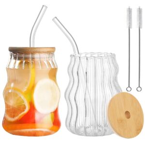 Forbabe 2 Stücker 500 ml Glasbecher mit Deckel und Strohhalm | Strong Glass Drinking Glasses for Juice/Smoothies and Bee