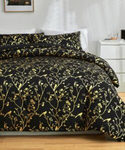 Luofanfei Luxus Modern Schwarz Gold Blumen Bettwäsche Set mit Wendebettwäsche und Kissenbezug für Teenager