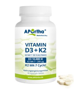Vitamin D3 10.000 I.E. + K2 200 µg, Premium Tablette für alle Altersstufen, leicht zu schlucken, 365 Tabletten
