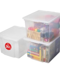 Iris Ohyama Vielseitige Aufbewahrungsbox mit Deckel, 30L, 3er-Set, Transparent, Stapelbar, Für Schrank und Regale, Organ