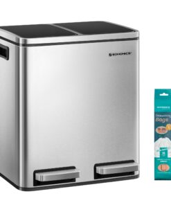SONGMICS Küchennachtschrank, 2 x 15 Liter, Mülltrennsystem, inkl. 15 Müllbeuteln, Softclose-Treter Deckel, metallicsilbe