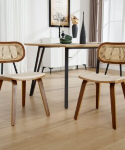 Esszimmerstühle Rattan 2er Set Beige Holzbeine Kunstleder Polsterung | Rattan Esszimmerstühle 2er Set Beige Holzbeine K