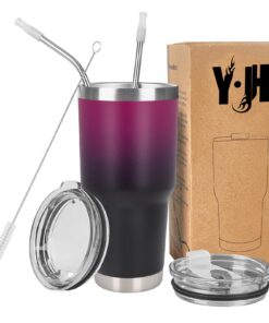 Y·J&H Doppelschicht Vakuum-Isolierter Autobecher - Lila & Schwarz, BPA Free, 30oz (850ml) Thermoflasche mit festem Decke