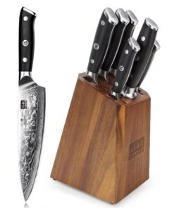 SHAN ZU PRO-Serie Damaskus-Messerblock-Set für Profis - 5 Messer und 1 Honstahl mit Premium-Holz-Messerblock
