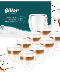 Sillar Doppelwandige Kaffeegläser 8 Stück x 250 ml Temperaturbeständig | Großes Hitzebeständiges Doppelwandglas Thermogl