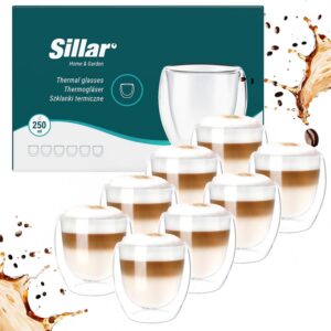 Sillar Doppelwandige Kaffeegläser 8 Stück x 250 ml Temperaturbeständig | Großes Hitzebeständiges Doppelwandglas Thermogl