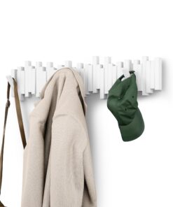 Umbra Stäbchen Garderobenhaken mit 8 Haken – Platzsparend & modern mit beweglichen Haken für Jacken Mäntel, Weiß