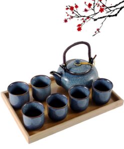 DUJUST Japanisches Porzellan Teeservice Set, einzigartiges chinesisches Teeservice, helle Blauschale für Feierlichkeiten