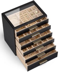 Vlando Großes Schmuckkästchen Schwarz für Halsketten und Ohrringe mit Glasdeckel und 6 Schubladen