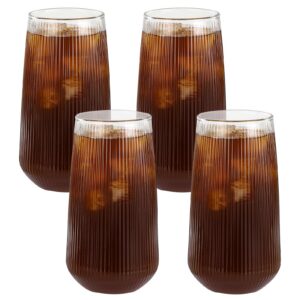 Auuaintt Latte Macchiato Kaffeegläser, 4 Stück, 500 ml, gerippte,_hitzebeständige, Transparentgläser, für Kaffee, Smooth