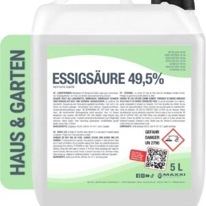 MAXXI CLEAN 5 l Essigsäure 49,5% - Ideal für Reinigen und Entkalten im Haus und Garten - Premium Qualität - Made in Germ