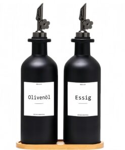 EssigUndÖlflaschenSet 500ml Ölspender AutomatischesÖffnenSchließen Olivenöl (22Aufkleber, Trichter, Schwarz)