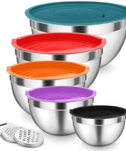 Onader Rührschüssel 5er Set, Edelstahl Schüssel, bunte Luftdichtes Deckel & Reibenaufsätze, 4,5L /3L /1,5L /1,2L /0,7L,