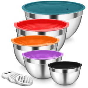 Onader Rührschüssel 5er Set, Edelstahl Schüssel, bunte Luftdichtes Deckel & Reibenaufsätze, 4,5L /3L /1,5L /1,2L /0,7L,