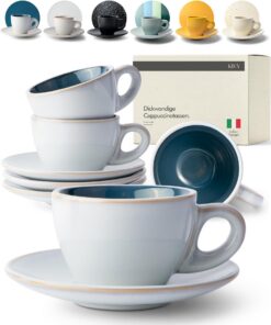 KIVY Cappuccino Tassen [4 x 240ml] Dickwandig Handgefertigt - Steingut mit Untertassen Grau Blau