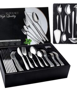 JIALONGDA 48-teiliges Edelstahl-Besteckset für 8 Personen mit Messer, Gabel und Löffel, polierter Edelstahl, glänzend un