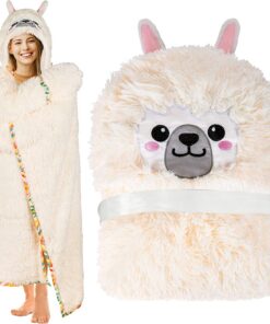 Lanqinglvwarm Weisse Flecedecke mit Alpakamuster + Passend fürs Sofa + Praktisch Tragbar Mit Kapuze und Handschuhen