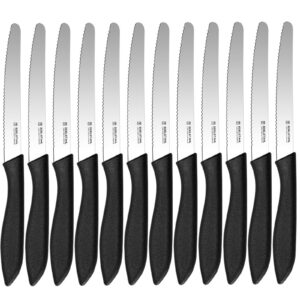 Targzier Frühstücksmesser 12-teilig, scharfes Tafelmesser Wellenschliff, Spezialklingenstahl, Spülmaschinenfest, schwarz