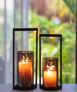 Sziqiqi Windlicht Kerzenständer Schwarz Rauchglas - Modern Metall Kerzenhalter für Outdoor Deko & Wohnzimmer