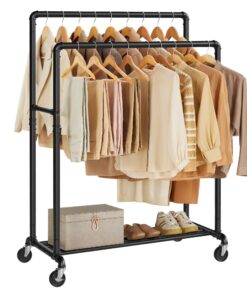 SONGMICS Kleiderständer, Rollständer mit 2 Stangen und Ablage, belastbar bis 110 kg, Schwarz, für Schlafzimmer und Ankle