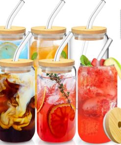 Kaffeetassen Set 6er, Glas mit Deckel und Strohhalm, fürBubble Tea und Cocktails, 16 OZ Trinkgläser,Suchbegriffe: Bubble
