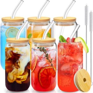 Kaffeetassen Set 6er, Glas mit Deckel und Strohhalm, fürBubble Tea und Cocktails, 16 OZ Trinkgläser,Suchbegriffe: Bubble