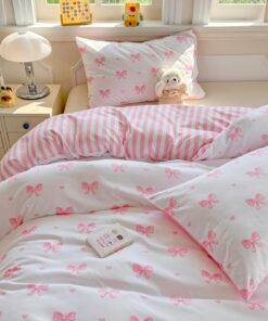 Freyamy Wendebettwäsche Herzen Weiß Rosa 135x200cm Kinder Microfaser Aesthetic Setavec 1 Bettbezug und Kissenbezug Reißv