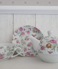 Arinosa Rosen Rosa Teekanne für eine Person mit Tasse und Serviette Shabby Vintage Design | Arinosa Rosen Rosa Teekanne