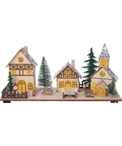 LED Holz Weihnachts Dorf Szene - beleuchtete Tischdeko - für Weihnachtsparty und Feiertage - 34 x 16 cm - strahlendes We