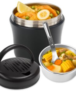 Thermobehälter für Essen 1200ml Multifunktional Edelstahl Löffel SchwarzWarmhaltebehälter für Suppen Babybrei Porridge