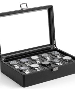 Vlando Uhren-Aufbewahrungsbox mit 10 Fächern | Vlando Glasdeckel Uhrenvitrine für Sammler | Vlando strukturiertes Leder