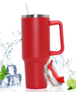 Doppelwandiger Edelstahl Vakuum Isolierbecher Für Kalte und Heße Getränke (rot) Tumbler mit Griff und Strohhalm Thermobe