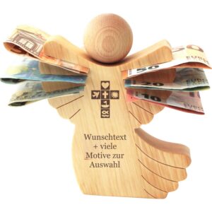 Holzengel mit Gravur - Name, Datum, Spruch + Motiv - personalisiertes Geschenk für Jungen und Mädchen zur Taufe, Kommuni