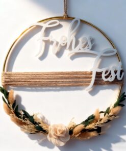 Frohe Fest Trockenblumenkranz 28 cm metallfarben, Wanddeko mit Schriftzug für Wohnzimmerschmuck | Frohe Fest Trockenblu
